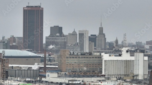 Buffalo, New York, city during Winter weather gray skies, cold, freezing conditions after blizzard