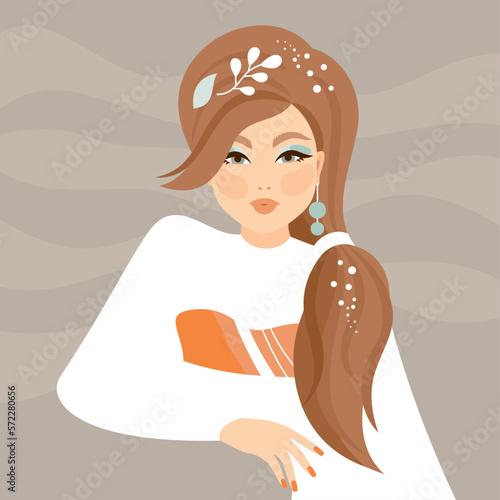 Beautiful young woman with makeup and brown hair with a tail and leaves in her hair. White clothes and an orange T-shirt. Well-groomed hand with manicure. Vector illustration. Beauty and fashion.