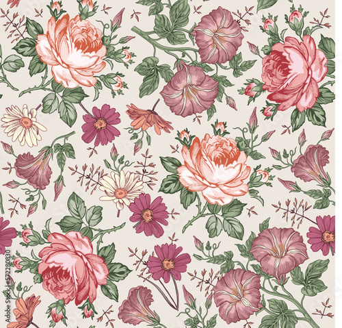 Seamless pattern. Beautiful blooming realistic isolated flowers Vintage background Hibiscus wildflowers. Wallpaper baroque. Drawing engraving sketch Vector victorian style illustration