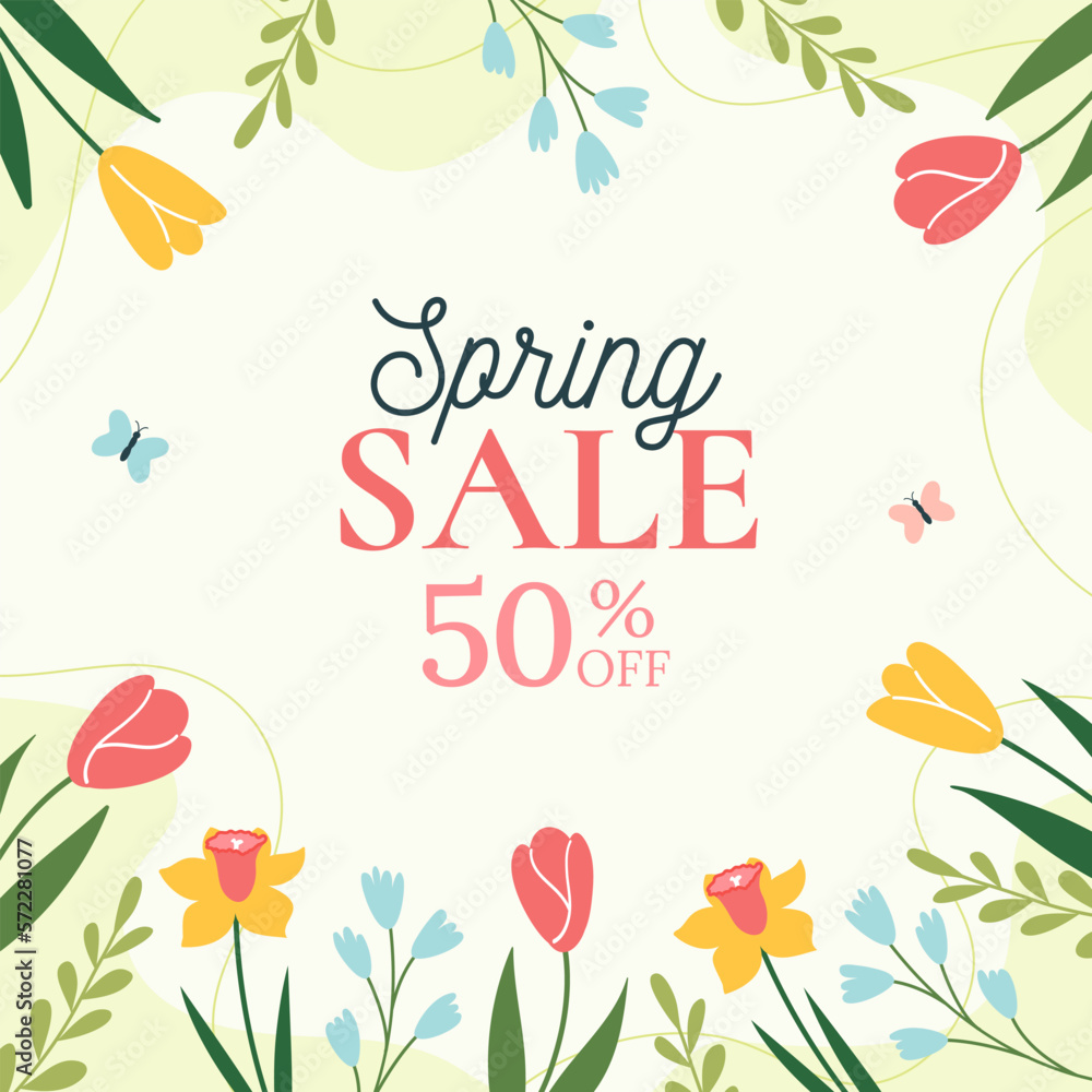 Spring Sale. Trendy floral green background. Minimalistic style with floral elements. Vector template for a postcard, banner, invitation, social media post, poster, mobile applications. Spring Sale. Trendy floral green background. Minimalistic style with floral elements. Vector template for a postcard, banner, invitation, social media post, poster, mobile applications.