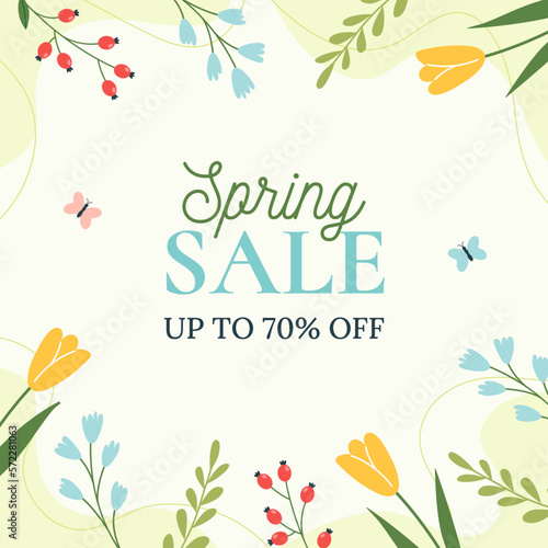 Spring Sale. Trendy floral green background. Minimalistic style with floral elements. Vector template for a postcard  banner  invitation  social media post  poster  mobile applications.
