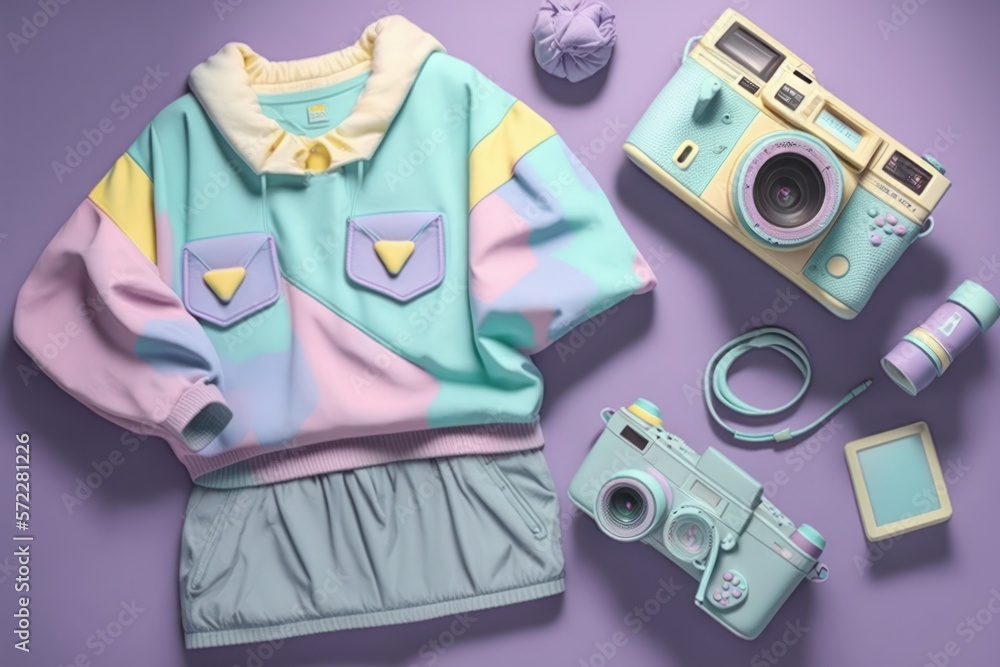 Set de ropa estilos 90s - 80s, colores pastel, outfit divertidos coloridos  con colores rosas y violeta, creado con IA generativa ilustração do Stock