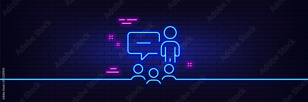 Neon light glow effect. People chatting line icon. Business seminar sign. Job meeting symbol. 3d line neon glow icon. Brick wall banner. People chatting outline. Vector Neon light glow effect. People chatting line icon. Business seminar sign. Job meeting symbol. 3d line neon glow icon. Brick wall banner. People chatting outline. Vector