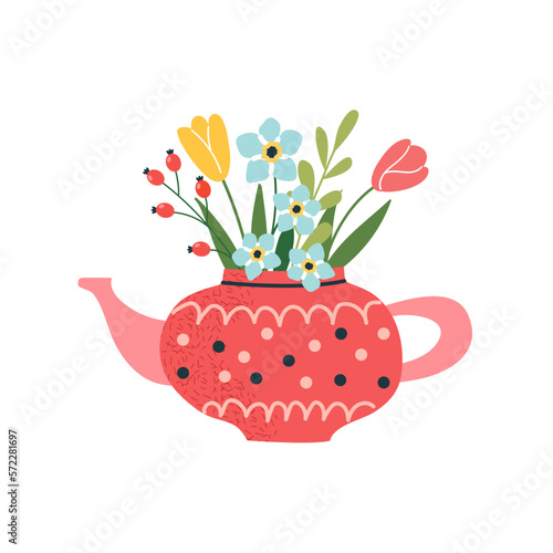 Red teapot with bouquet of flowers. Cute teapot  in polka dot with spring flowers. Perfect for greetings, cards, posters, congratulations, tea shop or store.