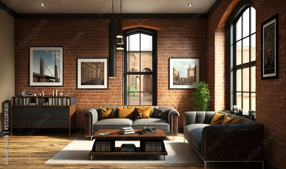 a living room filled with furniture and a brick wall behind it. generative ai a living room filled with furniture and a brick wall behind it. generative ai