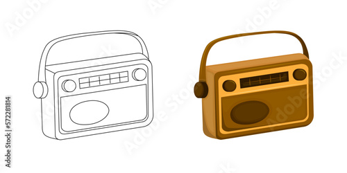 Retro radio tuner. Orange vintage radio tuner on white background. Flat style. Coloring page for children. Contour icon. Kids coloring book for elementary school. Black and white illustration.