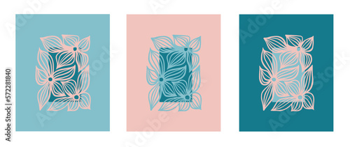 Set of vector backgrounds with flowers in trendy retro trippy style. Hippie 60s, 70s style. Blue, orange, beige colors.