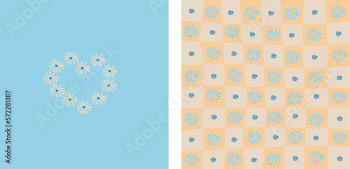 Set of vector backgrounds with flowers in trendy retro trippy style. Hippie 60s, 70s style. Blue, orange, beige colors.