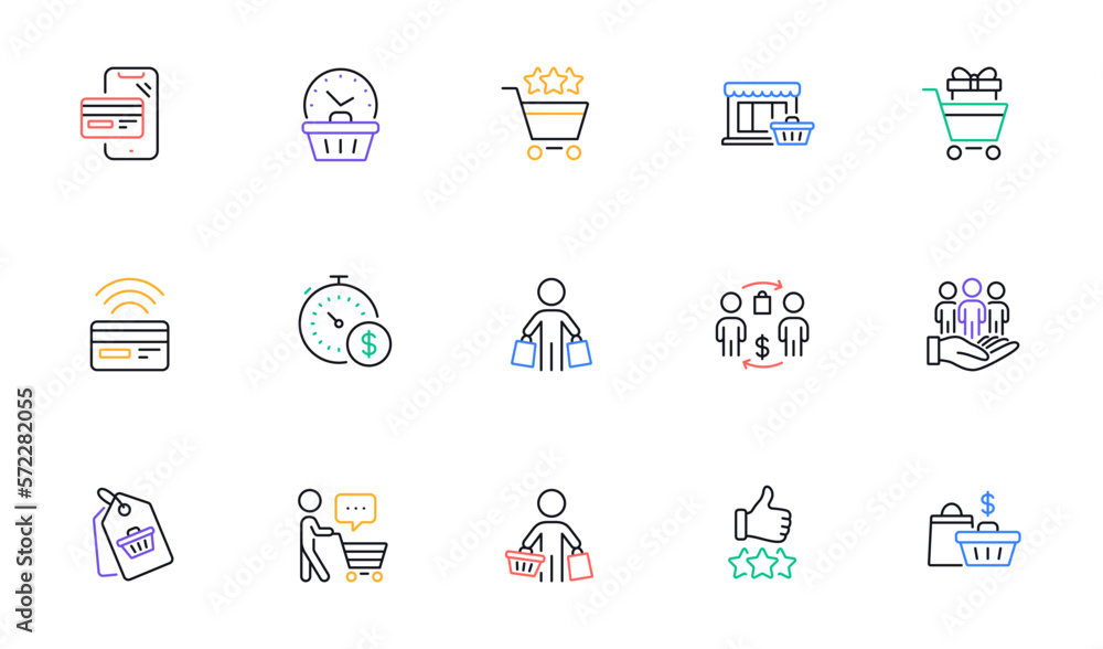 Buyer customer line icons set. Shopping cart , contactless payment and group of people. Store, buyer loyalty card, client ranking set icons. Shopping timer, phone payment, currency. Vector
