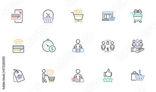 Buyer customer line icons set. Shopping cart , contactless payment and group of people. Store, buyer loyalty card, client ranking set icons. Shopping timer, phone payment, currency. Vector