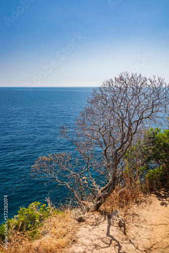 Gagliano del Capo. The beautiful panorama on the blue sea, from the rocky cliff of Salento. The nature trail that leads from the Ciolo bridge to the spectacular Cipolliane caves. Sunny day in summer. photo