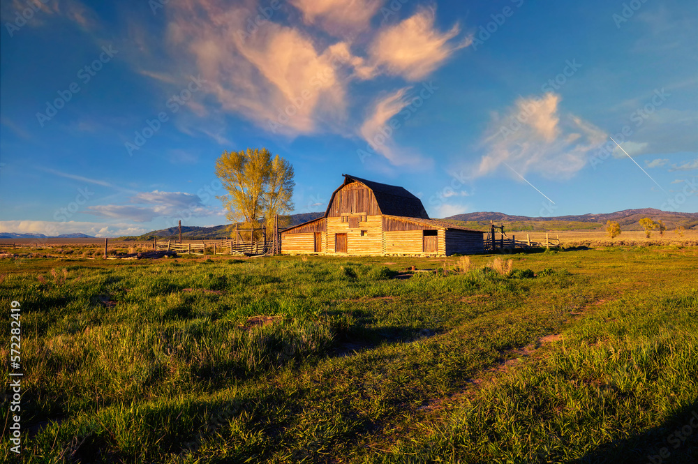 Sunset over John Moulton Barn at Mormon Row in Grand Teton National Park Sunset over John Moulton Barn at Mormon Row in Grand Teton National Park