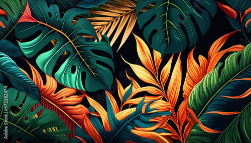 Rainforest pattern, tropical leaves in different colors. Leafy chaotic background with large and different leaves. Pattern or template for your design. Pastel colors. Wide banner. Generative ai.