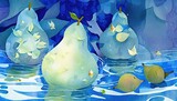  a painting of three pears floating in a body of water.  generative ai