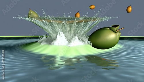  a computer generated image of a green object splashing out of the water. generative ai