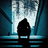 レジデンスビルの通路で頭を抱えて座っているうつ病の男性のシルエット。悲しい男、孤独と不幸。負の感情とメンタルヘルスの概念。経済危機の影響AI画像
