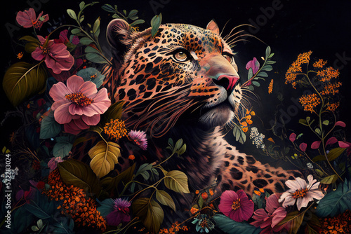 Floral encircled leopard artwork, nature meets art photo