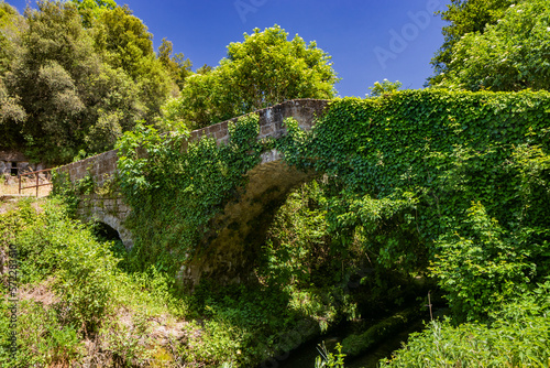 The small medieval village of Corchiano, in the province of Viterbo, in Lazio. The ancient Roman bridge over the Rio Fratta, in the gorge park, partly covered by vegetation. photo