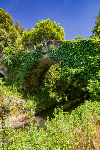 The small medieval village of Corchiano, in the province of Viterbo, in Lazio. The ancient Roman bridge over the Rio Fratta, in the gorge park, partly covered by vegetation. photo