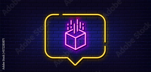 Neon light speech bubble. Augmented reality line icon. VR simulation sign. 3d cube symbol. Neon light background. Augmented reality glow line. Brick wall banner. Vector