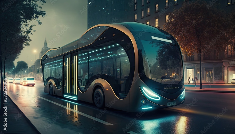 Futuristic Public Transportation Vehicle City Bus Autonomous Electric Mobility