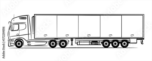 Semi trailer truck abstract silhouette on white background.  A hand drawn line art of a trailer truck car. Vector illustration view from side.
