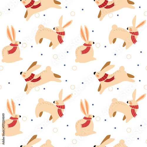 Fototapeta Naklejka Na Ścianę i Meble -  Seamless vector pattern with cute, white rabbits on floral background. Perfect for textile, wallpaper or print design.