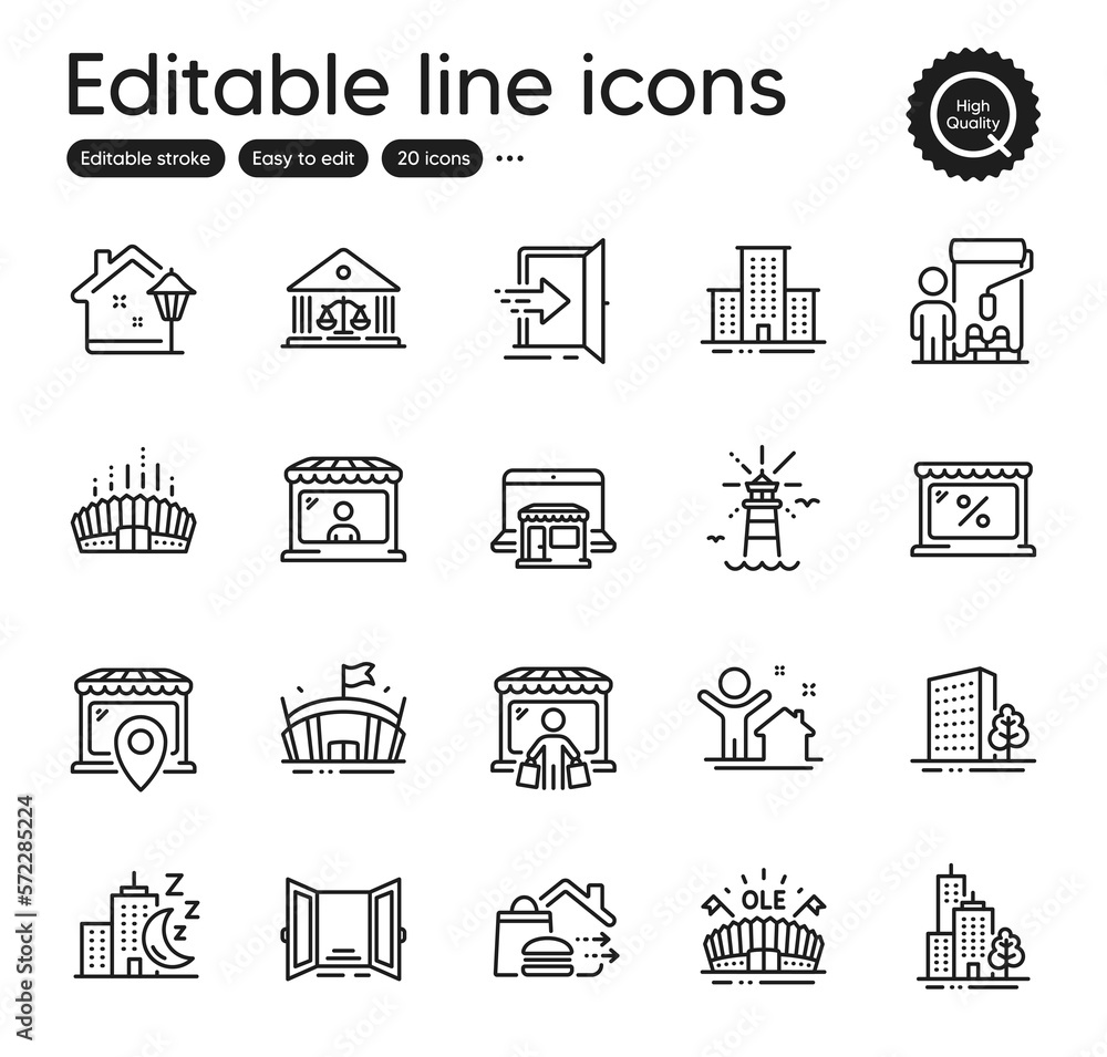 Set of Buildings outline icons. Contains icons as Market, Court building and University campus elements. Buildings, Painter, Entrance web signs. Sports arena, Lighthouse. Outline market icon. Vector