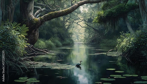  a painting of a swamp with a bird in the water.  generative ai © Anna
