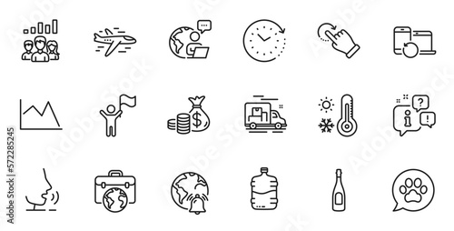 Outline set of Cooler bottle, Internet notification and Line chart line icons for web application. Talk, information, delivery truck outline icon. Vector