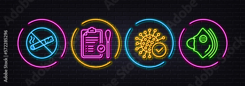Coronavirus, No smoking and Nasal test minimal line icons. Neon laser 3d lights. Medical mask icons. For web, application, printing. Confirmed infection, Stop cigarette, Covid testing. Vector
