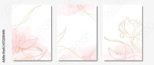 Minimal botanical set of abstract creative universal art templates with golden lines, leaves, flowers and watercolor background. For posters, invitations, covers, banners, brochures.