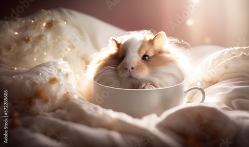  a hamster is sitting in a cup on a bed. generative ai