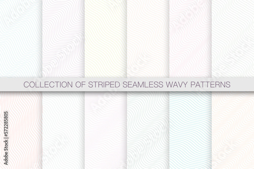 Collection of delicate seamless striped wave patterns - repeatable light backgrounds. Wavy linear white textures. Minimalistic textile prints with lines. © ExpressVectors