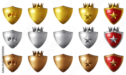 3D silver bronze gold shield  realistic level up game badge set  metal trophy render award kit. Warranty reward medal  knight defence armour  king crown guarantee star emblem. 3D shield medieval asset