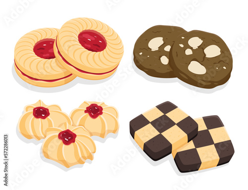 Assorted butter cookies - Jam ring sandwich biscuits, Chocolate almond cookies, Round decorated cookies, Checkerboard cookies (ID: 572286013)