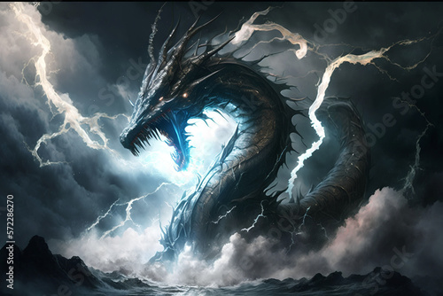Scary dragon fighting against the Strom in the sea digital illustration artwork.
