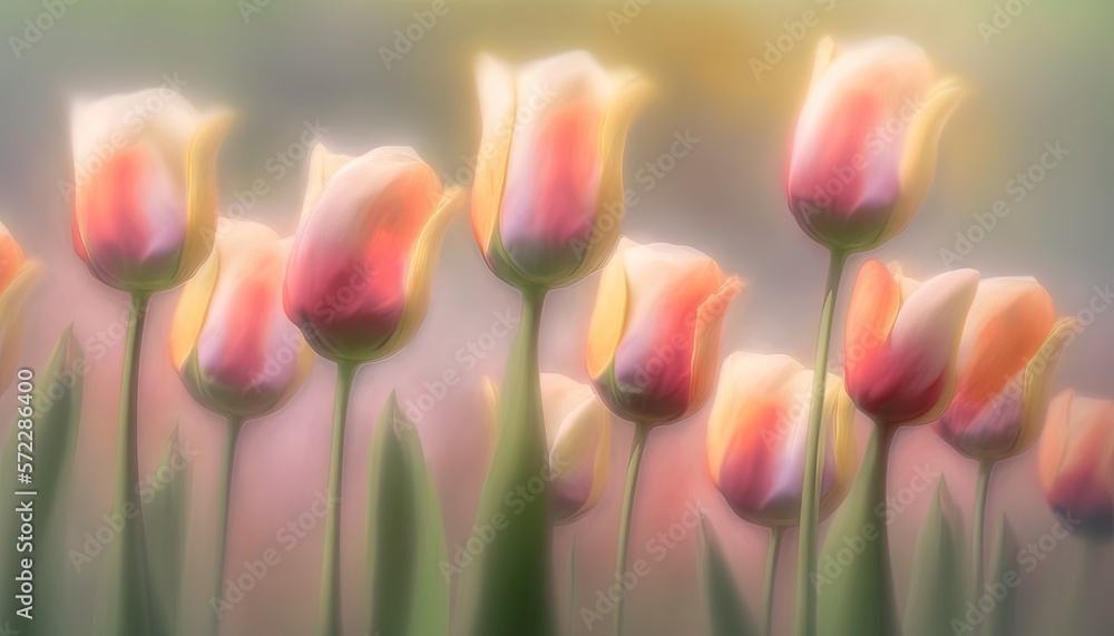  a painting of a bunch of pink tulips in a field.  generative ai