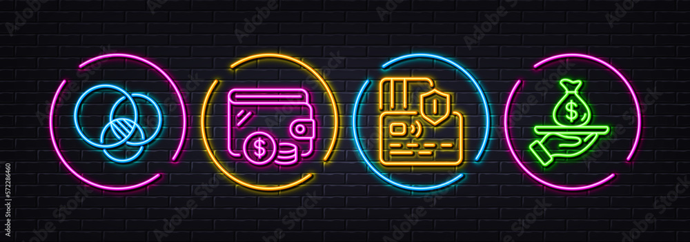 Wallet, Card and Euler diagram minimal line icons. Neon laser 3d lights. Loan icons. For web, application, printing. Cash money, Bank payment, Relationships chart. Financial mortgage. Vector