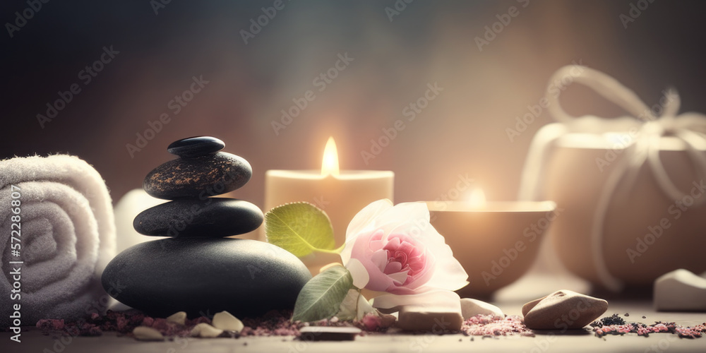 Zen spa relaxation. Ambiance salon de beauté massage. Bannière avec pierres et galets empilés. Bougies et fleurs. Atmosphère calme et reposante. Generative AI Zen spa relaxation. Ambiance salon de beauté massage. Bannière avec pierres et galets empilés. Bougies et fleurs. Atmosphère calme et reposante. Generative AI