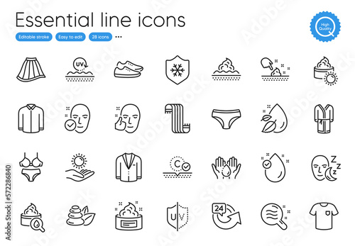 Sleep, Uv protection and Moisturizing cream line icons. Collection of Collagen skin, T-shirt, Skirt icons. Vitamin e, Sun cream, Suit web elements. Panties, Skin care, Uv protection. Vector