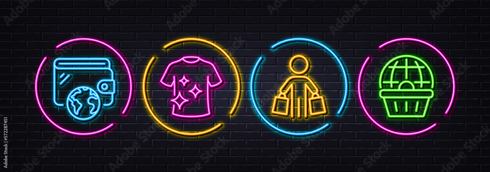 Wallet, Clean t-shirt and Buyer minimal line icons. Neon laser 3d lights. Online shopping icons. For web, application, printing. Internet money, Laundry shirt, Shopping customer. Vector