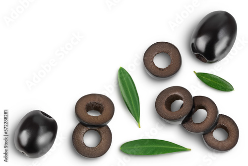 Black olives with leaves isolated on a white background with full depth of field. Top view with copy space for your tex. Flat lay