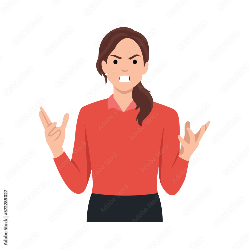 Young woman is angry. Discontent. Asking why. Flat vector illustration isolated on white background Young woman is angry. Discontent. Asking why. Flat vector illustration isolated on white background