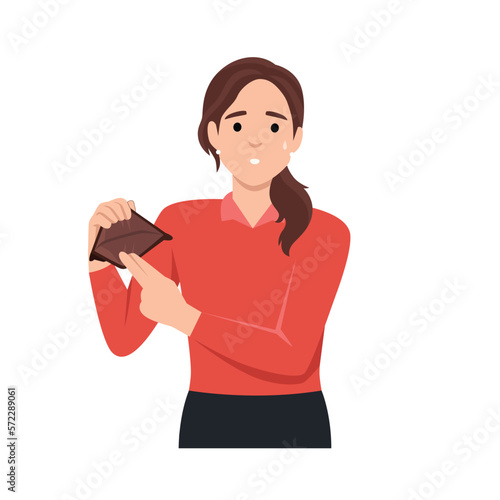 Young unhappy woman showing empty wallet. Financial Failure. Flat vector illustration isolated on white background