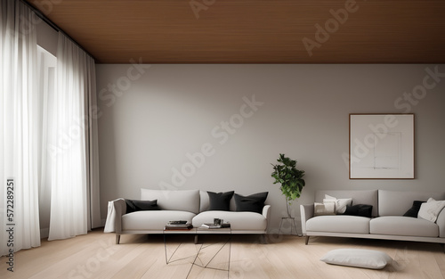 Modernes Wohnzimmer mit Möbeln, Mock-up-Bilderrahmen-Vorlage © Meadow