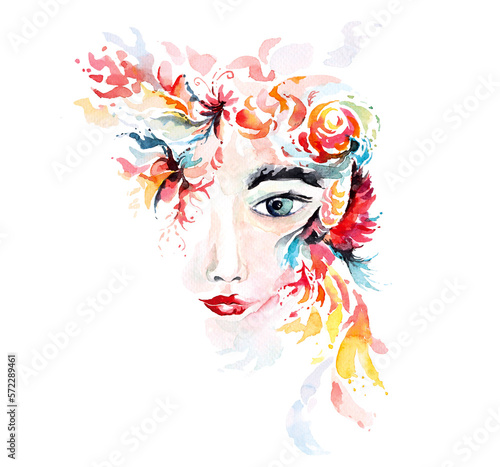 Illustration contemporary painting of a lady face.Woman face watercolor.Abstract girl.Fantasy female beauty background.Fashion illustration.