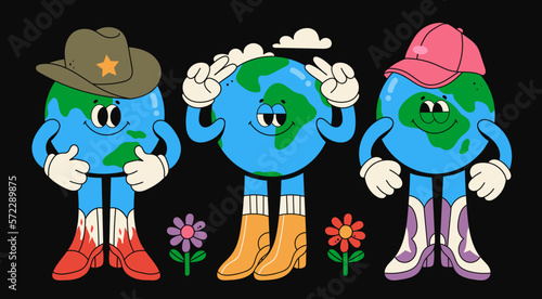 Set of Planet Earth characters. Cute Earth globe with emotions, face, arms, hats and legs in boots. Cartoon style. Hand drawn trendy Vector illustration. World earth day, caring for nature concept