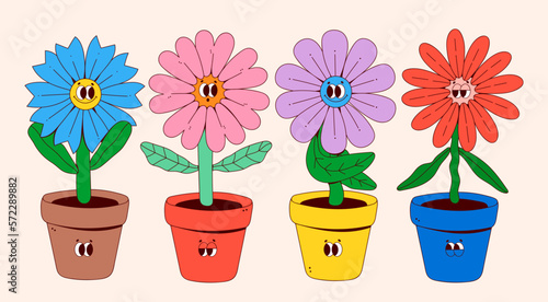 Fototapeta Naklejka Na Ścianę i Meble -  Pots with Flowers. Various shapes and colors. Abstract cartoon characters with faces. Hand drawn Vector illustration. Botanical pot, cute domestic indoor plants. Isolated elements