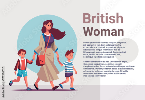 mother and little children walking together british mom taking sons to school or kindergarten motherhood happy family concept